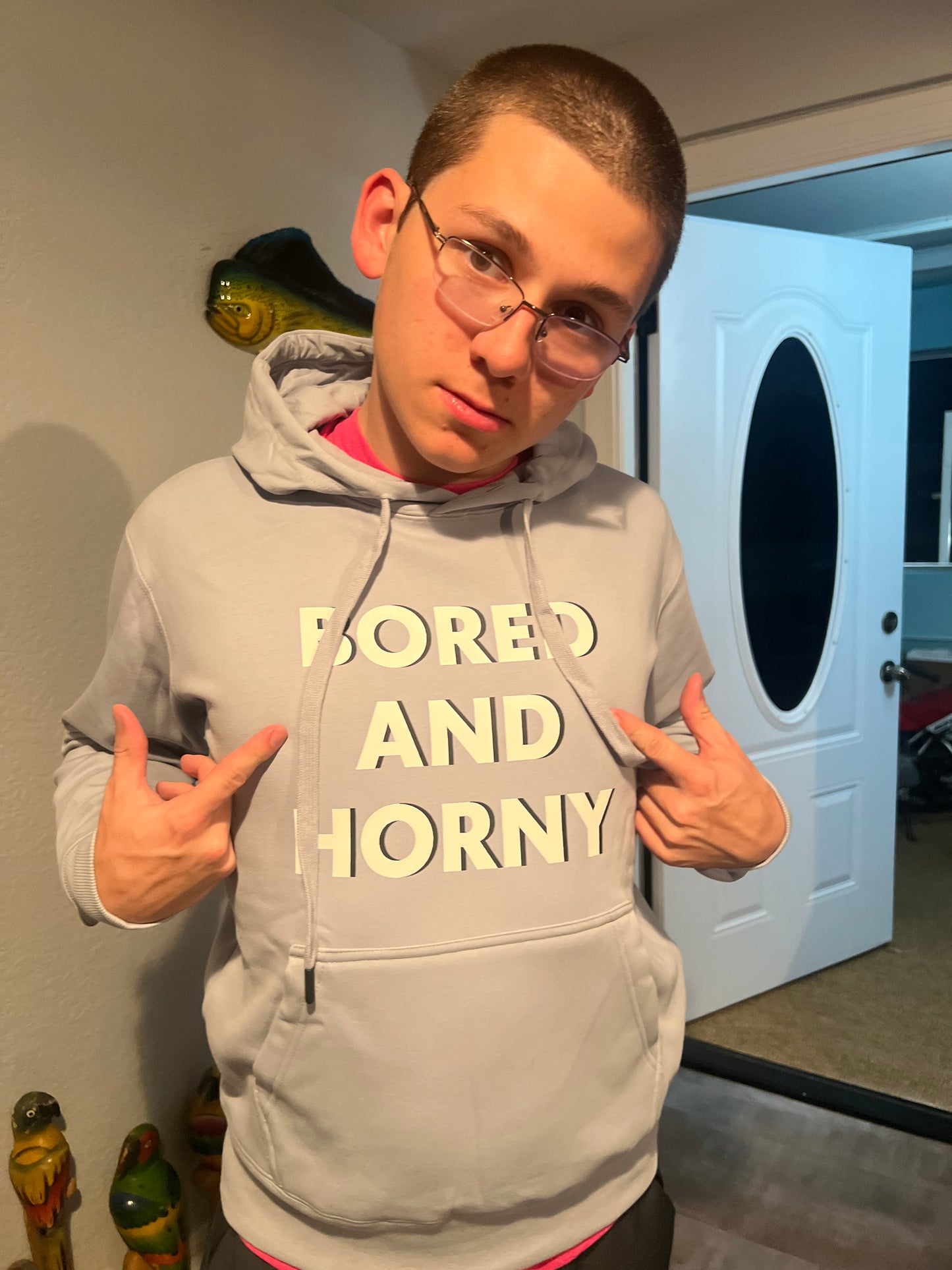 Light Grey Blue Bored and Horny Hoodie